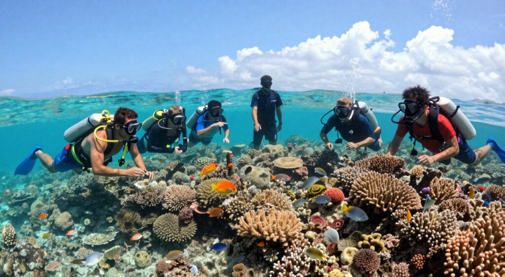 A vibrant snorkeling tour scene in Amed, Bali, showcasing a group of tourists in modest, casual clothing engaged in underwater exploration. In the foreground, snorkelers with colorful gear float above a rich coral reef teeming with diverse marine life, including tropical fish darting among the coral formations. The middle ground features a local guide pointing toward an interesting underwater feature, enhancing the sense of adventure. In the background, the shimmering turquoise waters of the Bali coastline extend under a bright, sunny sky with scattered fluffy clouds, creating an inviting atmosphere. The shot is taken from a slightly elevated angle, capturing both the underwater action and the beautiful scenery above the water. The lighting is bright and natural, perfect for highlighting the colors of the reef and the enthusiasm of the snorkelers.
