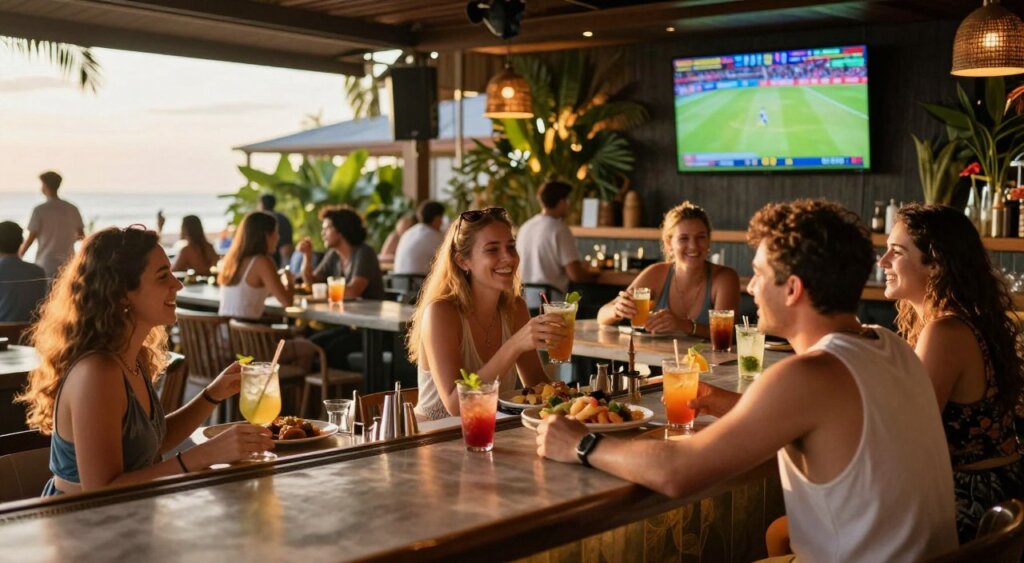 A vibrant sports bar in Seminyak during happy hour. The foreground features a lively bar counter with people enjoying drinks, smiling and engaging in conversation, dressed in casual beachwear and summer attire. In the middle, patrons are seated at tables, with colorful cocktails and appetizers, while a large screen displays a sports game. The background showcases a stylish interior with tropical decor, ambient lighting creating a warm, inviting atmosphere. The scene is set during the golden hour with soft sunlight filtering through large windows, illuminating the lively interaction and enhancing the overall joy of the moment. Capture this image with a wide-angle lens to convey the bustling energy of the bar environment.