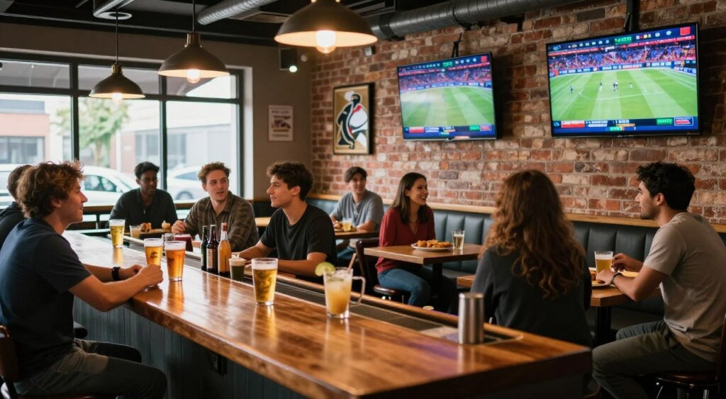 A vibrant sports bar interior showcasing various television screens displaying live sports events. In the foreground, a wooden bar with a selection of beers and cocktails, illuminated by warm, inviting pendant lights. Several patrons, dressed in modest casual clothing, are engaged in lively conversation, with a mix of excitement and camaraderie. In the middle ground, tables occupied by groups of friends, sharing appetizers and rooting for their favorite teams. The background features a rustic brick wall adorned with sports memorabilia, enhancing the authentic atmosphere. Natural light streams in through large windows, creating a cheerful ambiance. The overall mood is energetic and welcoming, making it an ideal setting for sports enthusiasts to enjoy games together.