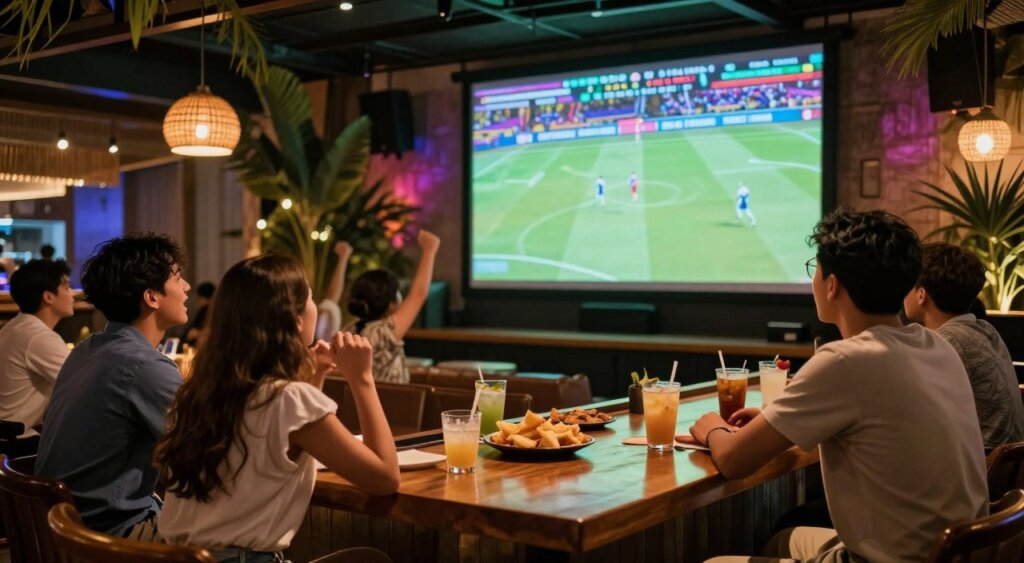 A vibrant sports bar scene in Seminyak showcasing a large-screen viewing experience. In the foreground, a group of friends, dressed in casual yet modest clothing, excitedly watch a live sports game, their expressions reflecting thrill and anticipation. They are seated at a stylish wooden bar lined with appetizing snacks and drinks. The middle ground features a massive high-definition screen displaying a dynamic sports moment, surrounded by colorful LED lights that enhance the energetic atmosphere. In the background, tropical decor with palm leaves and comfortable lounge seating creates an inviting ambiance. Soft, warm lighting casts a relaxed glow, while the angle captures both the bar and spectators, inviting viewers to savor the ultimate viewing experience in this lively setting.
