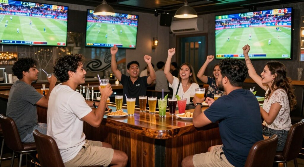 A vibrant sports bar scene in Seminyak, showcasing a lively ambiance filled with guests enjoying various sports games on large screens. In the foreground, a diverse group of people dressed in casual yet modest clothing cheer enthusiastically, holding drinks and snacks. The middle ground features a polished wooden bar with a selection of craft beers and colorful cocktails on display, while sleek bar stools invite guests to sit. In the background, large TV screens broadcast a thrilling match, with dynamic lighting highlighting the energy of the scene. Capture this moment from a slightly elevated angle to emphasize the friendly atmosphere, with warm, inviting lighting that conveys a sense of excitement and camaraderie typical of top sports bars.