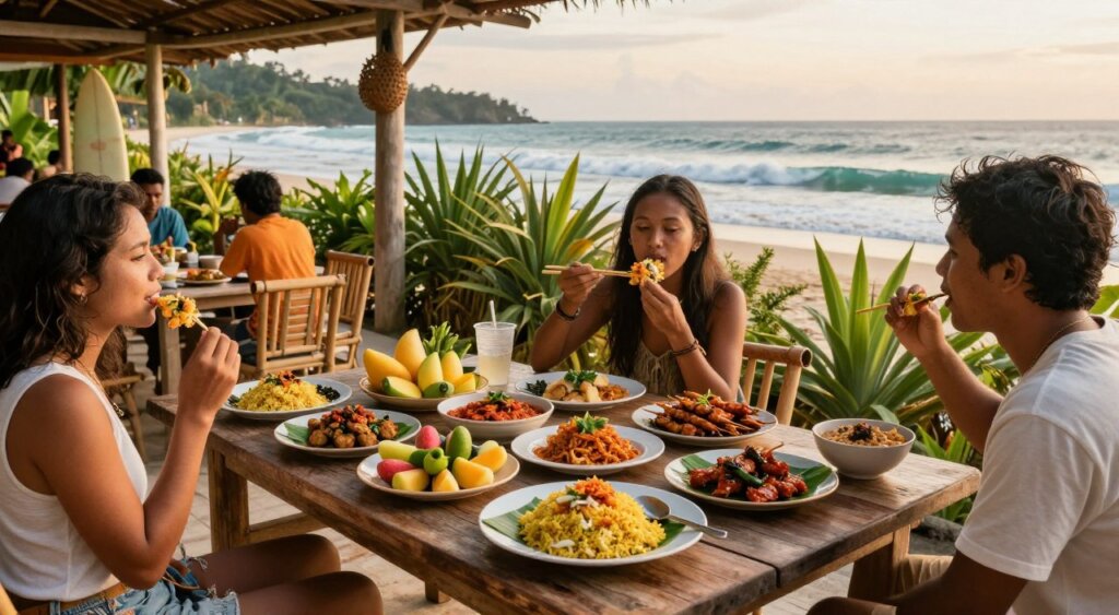 A vibrant spread of local Indonesian cuisine arranged on a rustic wooden table, showcasing colorful dishes like nasi goreng (fried rice), satay skewers, fresh tropical fruits, and spicy sambal. In the foreground, a couple of surfers in modest casual clothing enthusiastically sharing food, highlighting a sense of community and joy. The middle ground features a casual outdoor dining area with bamboo furniture and lush green plants, giving a tropical vibe. The background captures a glimpse of Lombok's stunning coastline with waves crashing, representing the surfing culture. The scene is illuminated by warm, golden sunset lighting, creating a relaxed, inviting atmosphere reminiscent of a beach getaway. The composition is shot with a wide-angle lens to include the vibrant details and scenic background while maintaining a natural focus.