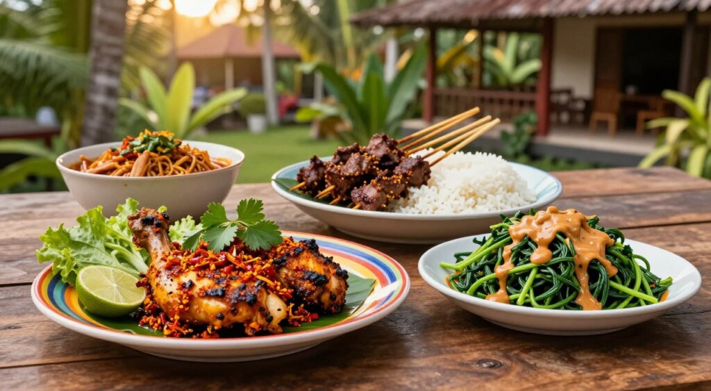 A vibrant spread of traditional Indonesian cuisine, featuring Lombok Komodo dishes, beautifully presented on a rustic wooden table. In the foreground, capture a colorful plate of Ayam Taliwang, grilled and marinated chicken with spicy sambal, garnished with fresh herbs and lime. Next to it, a serving of Plecing Kangkung, a spicy water spinach salad, drizzled with rich peanut sauce. In the middle ground, include a bubbling bowl of Sate Rembiga, skewers of beef marinated in potent spices, arranged alongside fragrant rice. The background showcases a lush tropical setting, with hints of authentic Indonesian greenery and architecture. The lighting is warm and inviting, resembling golden hour, enhancing the colors of the food. This image embodies a rich culinary experience reflective of Lombok and Komodo's vibrant culture.