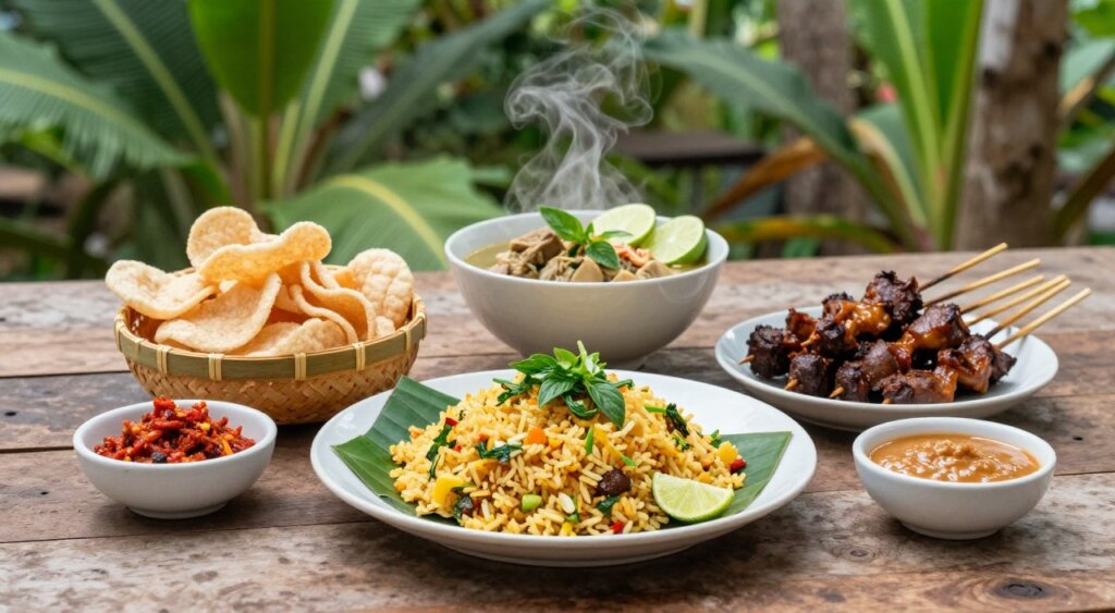 A vibrant spread of traditional Indonesian food native to Gili Air, presented on a rustic wooden table. In the foreground, a beautifully arranged plate featuring Nasi Goreng (fried rice) garnished with fresh herbs, alongside skewers of Satay with peanut sauce. A basket of crispy shrimp crackers and a small bowl of spicy sambal add color and texture. In the middle, a steaming bowl of Soto Ayam (chicken soup) with slices of lime and fresh basil. The background showcases lush tropical foliage, creating a serene island atmosphere. Soft, natural lighting accentuates the rich colors of the dishes, while a shallow depth of field blurs the background slightly, ensuring the food takes center stage. The overall mood conveys warmth and a sense of culinary tradition.