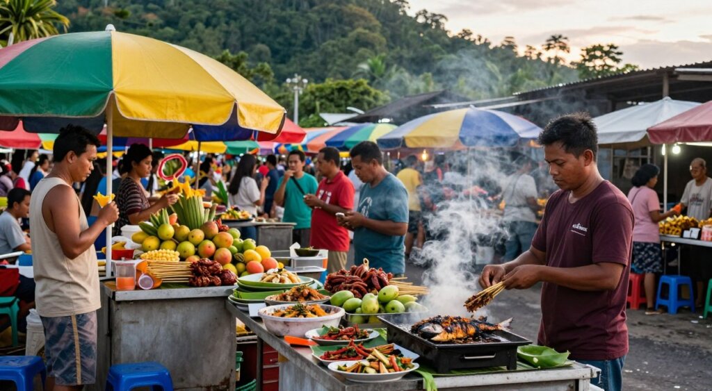 A vibrant street food market scene in Raja Ampat, featuring colorful stalls brimming with fresh local produce and traditional dishes. In the foreground, a vendor skillfully prepares grilled fish, with smoke rising and enticing aromas filling the air. Nearby, tourists and locals interact, showcasing a blend of modest casual clothing—some savoring street snacks while others engage in conversation. The middle ground captures the lively activity of the market, with various food items like tropical fruits and spicy satays artistically displayed under bright umbrellas. The background showcases lush green hills framing the market, hinting at the breathtaking natural beauty of Raja Ampat. The lighting is warm and inviting, reminiscent of a late afternoon, with soft shadows creating a relaxed atmosphere. Shot at eye-level with a wide-angle lens to capture the full essence of the market experience. A vibrant street food market scene in Raja Ampat, featuring colorful stalls brimming with fresh local produce and traditional dishes. In the foreground, a vendor skillfully prepares grilled fish, with smoke rising and enticing aromas filling the air. Nearby, tourists and locals interact, showcasing a blend of modest casual clothing—some savoring street snacks while others engage in conversation. The middle ground captures the lively activity of the market, with various food items like tropical fruits and spicy satays artistically displayed under bright umbrellas. The background showcases lush green hills framing the market, hinting at the breathtaking natural beauty of Raja Ampat. The lighting is warm and inviting, reminiscent of a late afternoon, with soft shadows creating a relaxed atmosphere. Shot at eye-level with a wide-angle lens to capture the full essence of the market experience.