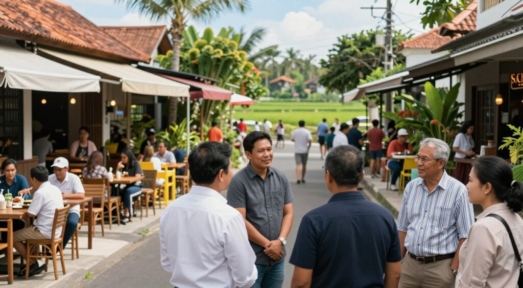 A vibrant street in Canggu, showcasing the diverse demographics and strong sense of community. In the foreground, a group of individuals of various ethnicities engaged in friendly conversation, dressed in professional casual attire, illustrating the blend of locals and expatriates. The middle ground features colorful cafes and shops with outdoor seating, bustling with patrons enjoying their day. In the background, lush greenery and rice paddies extend towards the horizon under a bright blue sky, capturing the natural beauty of the area. Soft, natural lighting enhances the warmth of the scene, while a slight lens blur adds depth, creating an inviting atmosphere that conveys community spirit and cultural richness.