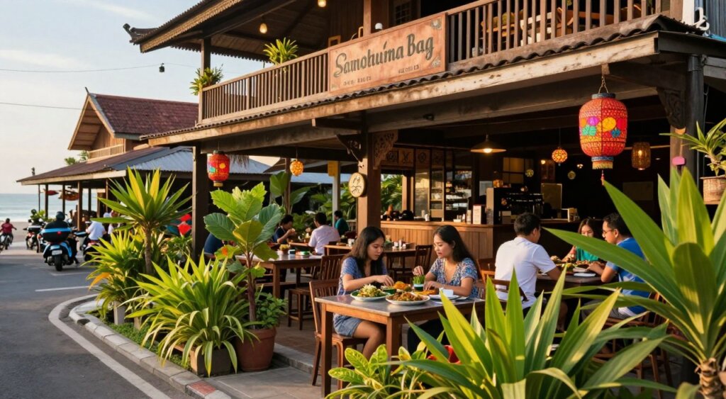 A vibrant, street-level view of a Sanur restaurant, showcasing its inviting outdoor seating adorned with tropical plants and colorful decor. In the foreground, a small table set for two with traditional Indonesian dishes, encased by lush greenery. The middle layer features the restaurant's rustic wooden facade, complete with traditional Balinese elements, and patrons enjoying their meals in a casual yet refined atmosphere. In the background, glimpses of nearby attractions like serene beaches and local shops, bathed in warm, golden sunlight. The scene is captured with a shallow depth of field, focusing on the restaurant while gently blurring the background to create a relaxed, welcoming mood, akin to professional photojournalism style.