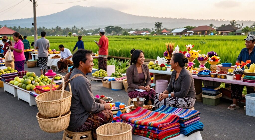 A vibrant street market in Amed, Bali, showcasing local culture and customs. In the foreground, a friendly vendor offers freshly woven baskets and colorful handmade textiles, while a few locals dressed in modest traditional attire engage in conversation. The middle ground features a bustling market scene, with stalls adorned with tropical fruits, spices, and traditional Balinese offerings. In the background, lush green rice paddies and distant mountains capture the serene beauty of Bali. The lighting is warm and inviting, reminiscent of early morning light, creating a lively atmosphere. Use a wide-angle lens to encompass the vibrancy of the market, highlighting the richness of Amed's cultural heritage. The mood is joyful and welcoming, reflecting the strong community spirit.