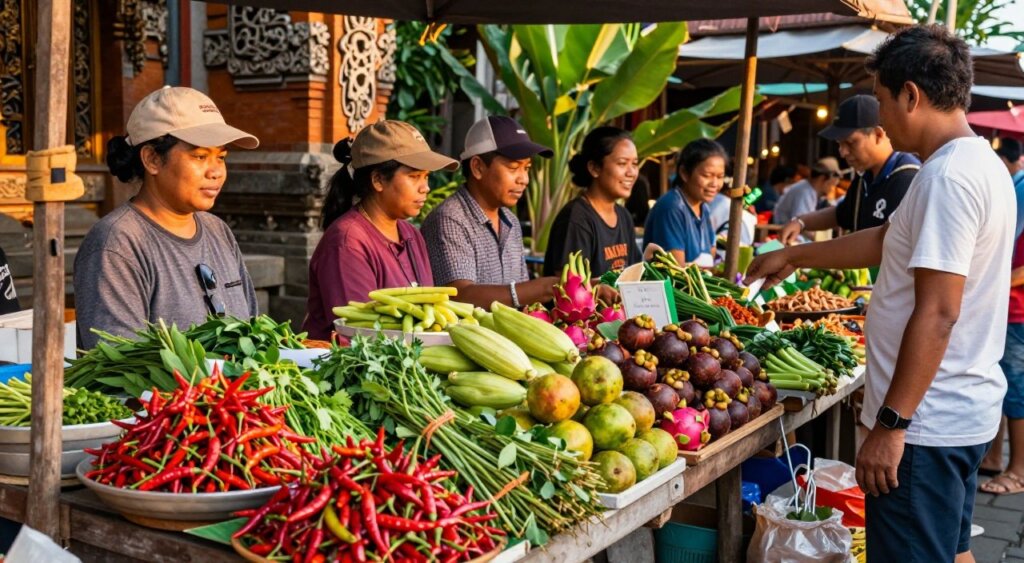 A vibrant street market scene in Seminyak, Bali, showcasing a diverse array of fresh cooking ingredients. In the foreground, colorful produce including bright red chilies, green herbs, and exotic fruits like mangosteen and dragon fruit are artfully arranged on a rustic wooden stall. The middle ground features local vendors in modest casual clothing, engaged with cheerful tourists examining the ingredients. In the background, traditional Balinese architecture with intricate carvings can be seen, framed by lush tropical greenery. The lighting is warm and golden, suggesting late afternoon sun, casting gentle shadows and enhancing the colors. The overall mood is lively and inviting, embodying the essence of cooking and culture in Seminyak.