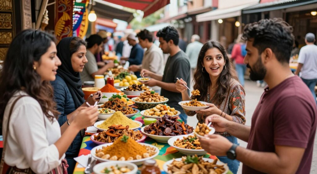 A vibrant street market scene showcasing the exploration of local cuisine, featuring a diverse group of expats engaged in cultural interactions. In the foreground, an expat couple sampling traditional dishes from a colorful food stall, their expressions filled with curiosity and excitement. The middle ground displays various food vendors presenting an array of local delicacies, rich in color and detail, with spices, fruits, and local ingredients beautifully arranged. The background reveals cultural elements like local architecture and traditional decor that hint at the region’s heritage. The scene is bathed in warm, natural light, creating an inviting atmosphere, with a soft focus effect to emphasize the subjects in sharp clarity. Capture this moment from a slightly elevated angle to provide a comprehensive view of the bustling market dynamics.