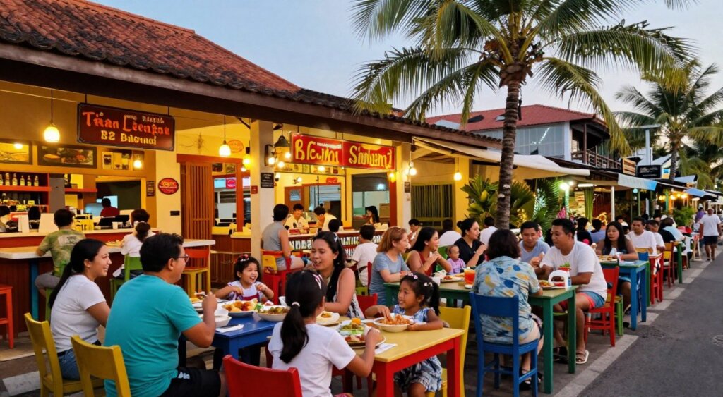 A vibrant street scene along Seminyak Eat Street, showcasing a variety of family-friendly dining options. In the foreground, a diverse group of families are seated at colorful outdoor tables, enjoying meals together; children are laughing and playing with food, while parents chat. The middle ground features charming restaurants with inviting signage and bright decorations, creating a festive atmosphere. In the background, palm trees and warm evening light set a tropical vibe, casting gentle shadows across the scene. The composition is captured at a slight angle to emphasize the lively street atmosphere. The overall mood is cheerful and welcoming, reminiscent of a warm, relaxed evening dining experience in Bali.