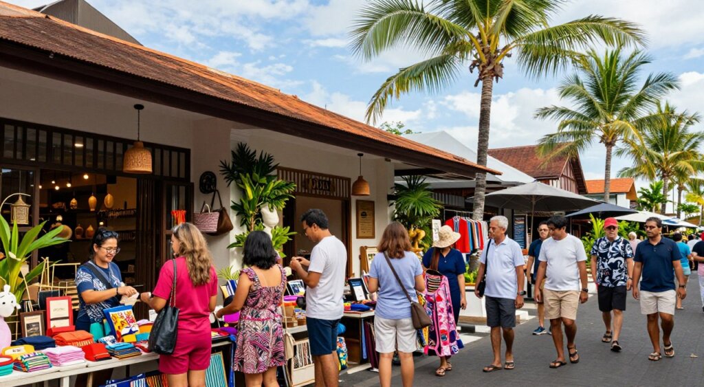 A vibrant street scene capturing the essence of shopping in Seminyak and Nusa Dua, showcasing a blend of upscale boutiques and charming local markets. In the foreground, shoppers of diverse ethnicities dressed in modest casual clothing browse through colorful stalls filled with handcrafted goods and trendy fashion items. In the middle ground, stylish storefronts adorned with tropical plants and vintage decor create an inviting atmosphere, while people casually engage in conversation. The background features lush palm trees against clear blue skies, typical of Bali's serene environment. Soft, natural lighting highlights the vivid colors of the merchandise, and a slightly angled view gives depth to the scene, evoking a lively yet relaxed mood typical of these popular shopping destinations. A vibrant street scene capturing the essence of shopping in Seminyak and Nusa Dua, showcasing a blend of upscale boutiques and charming local markets. In the foreground, shoppers of diverse ethnicities dressed in modest casual clothing browse through colorful stalls filled with handcrafted goods and trendy fashion items. In the middle ground, stylish storefronts adorned with tropical plants and vintage decor create an inviting atmosphere, while people casually engage in conversation. The background features lush palm trees against clear blue skies, typical of Bali's serene environment. Soft, natural lighting highlights the vivid colors of the merchandise, and a slightly angled view gives depth to the scene, evoking a lively yet relaxed mood typical of these popular shopping destinations.