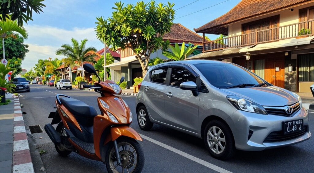A vibrant street scene in Canggu, showcasing a transport scooter and a compact car parked along a sun-drenched road. In the foreground, the shiny scooter gleams under the soft afternoon light, highlighting its modern design and vibrant color. The mid-ground captures a stylish, urban compact car, reflecting the casual yet trendy atmosphere of the area. Lush tropical trees line the street, adding a touch of greenery. The background features typical Canggu architecture, with traditional Balinese design blended with contemporary elements. A clear blue sky enhances the uplifting mood, creating a sense of a relaxed yet dynamic lifestyle. The image should be shot with a wide-angle lens to encompass the street's lively essence, evoking a sense of adventure and exploration.