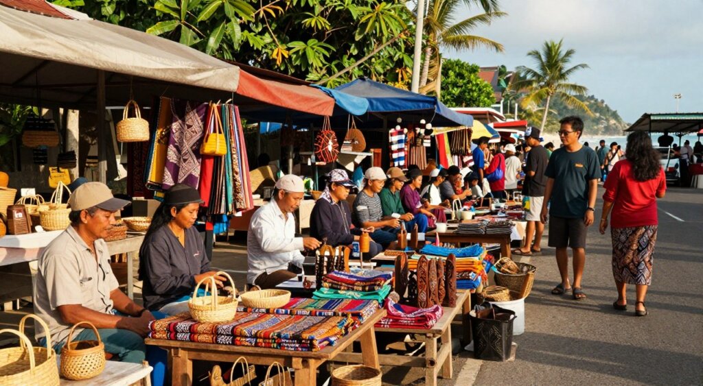 A vibrant street scene in Lombok Kuta, showcasing a lively market filled with colorful handicrafts. In the foreground, a variety of handmade items like woven baskets, beautiful batik fabrics, and intricate wooden carvings are displayed on traditional wooden tables. Local artisans, modestly dressed in casual clothing, engage with shoppers, highlighting a friendly atmosphere. The middle ground features more stalls under colorful awnings, with shoppers exploring and interacting with vendors, all surrounded by lush tropical greenery. In the background, the iconic Kuta beach can be glimpsed, adding to the setting's charm. The lighting is warm and inviting, suggesting a sunny day, with a focus on vibrant colors and textures to evoke a sense of cultural richness and community spirit.