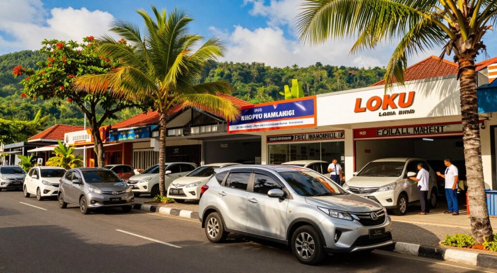 A vibrant street scene in Lombok showcasing popular car hire companies with modern vehicles. In the foreground, a slick silver SUV parked under vibrant tropical trees, glistening in the warm sunlight. In the middle ground, the storefronts of two car hire companies, featuring large glass windows displaying well-maintained vehicles and friendly staff in professional attire assisting customers. The background consists of lush green hills and a clear blue sky with fluffy clouds, implying a serene island atmosphere. The image is captured with a wide-angle lens to emphasize the lively street and the bustling environment, creating a sense of accessibility and excitement about exploring Lombok. The overall mood is cheerful and inviting, perfect for travelers seeking adventure.