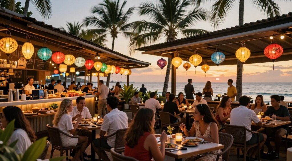A vibrant street scene in Seminyak, Indonesia, showcasing a lively dining and nightlife atmosphere. In the foreground, elegantly dressed diners are enjoying their meals at outdoor tables adorned with soft, ambient lighting and colorful lanterns. The middle ground features a blend of upscale restaurants and trendy bars, with patrons mingling and a mix of local and international cuisines displayed. The background captures the warm glow of the sunset casting a golden hue over palm trees and the ocean, enhancing the tropical vibe. The image is shot at a slight angle to capture depth, using a shallow depth of field to keep the focus on the diners while slightly blurring the background. Overall, the mood is festive and inviting, reflecting the excitement of Seminyak's nightlife. A vibrant street scene in Seminyak, Indonesia, showcasing a lively dining and nightlife atmosphere. In the foreground, elegantly dressed diners are enjoying their meals at outdoor tables adorned with soft, ambient lighting and colorful lanterns. The middle ground features a blend of upscale restaurants and trendy bars, with patrons mingling and a mix of local and international cuisines displayed. The background captures the warm glow of the sunset casting a golden hue over palm trees and the ocean, enhancing the tropical vibe. The image is shot at a slight angle to capture depth, using a shallow depth of field to keep the focus on the diners while slightly blurring the background. Overall, the mood is festive and inviting, reflecting the excitement of Seminyak's nightlife.