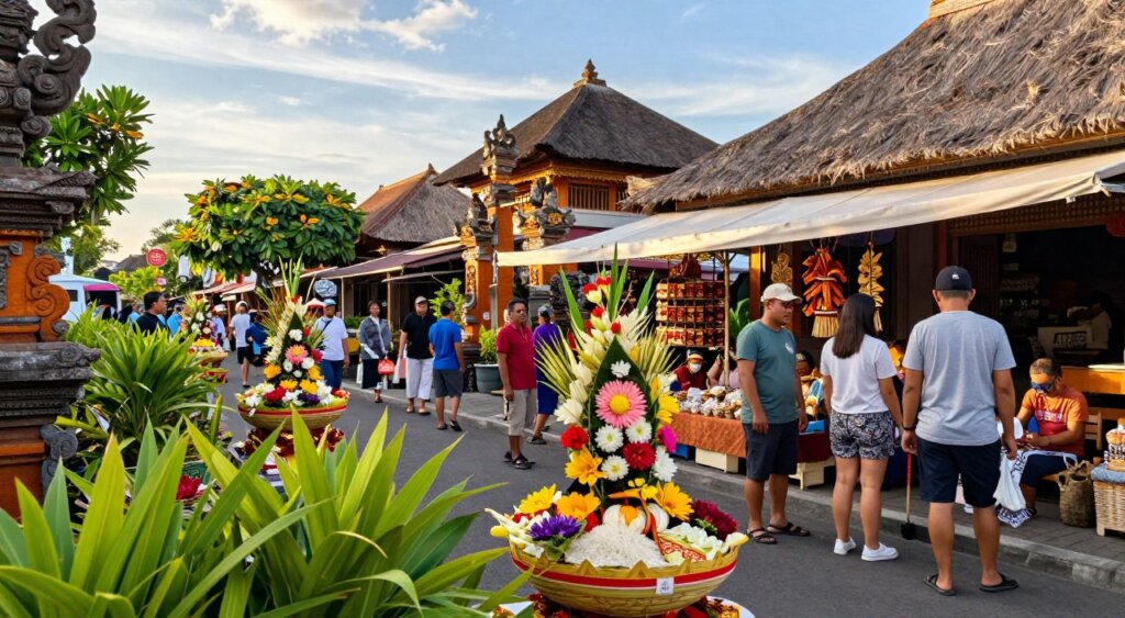 A vibrant street scene in Seminyak, capturing local culture and offerings upon arrival. In the foreground, a traditional Balinese offering basket filled with colorful flowers and rice, surrounded by lush greenery. The middle ground features travelers in modest casual clothing, admiring local artisans selling handcrafted souvenirs under a bright, inviting canopy. The background showcases traditional Balinese architecture with intricate carvings and thatched roofs, nestled under a radiant blue sky. Soft, warm morning light bathes the scene, highlighting the fresh, inviting atmosphere. The image should evoke a sense of cultural richness and excitement, embodying the welcoming spirit of Seminyak. Use a wide-angle lens to capture depth and detail, ensuring a dynamic composition without any text or watermarks.