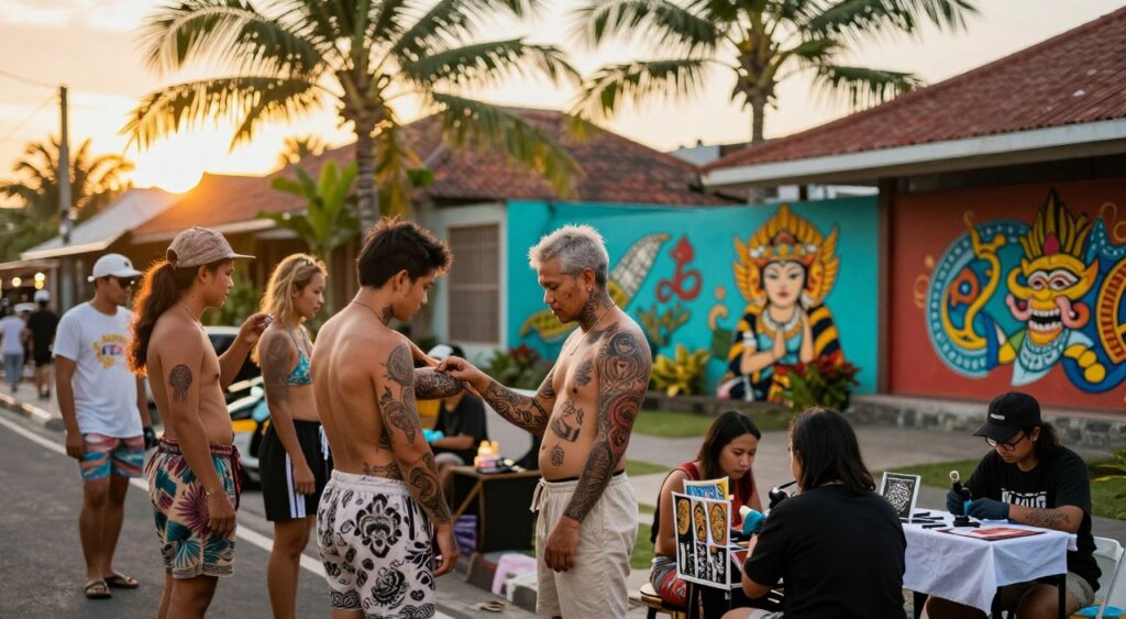 A vibrant street scene showcasing Canggu's tattoo culture. In the foreground, a diverse group of individuals wearing modest, casual beach attire, showing off intricate tattoos. Some are interacting with tattoo artists at a pop-up shop featuring an array of tattoo designs and art tools. The middle ground features colorful murals depicting Balinese-inspired tattoo motifs blending with traditional elements. In the background, palm trees sway under a golden sunset, casting warm light across the scene, creating an inviting and relaxed atmosphere. The photo should capture the essence of Canggu's artistic vibe, with a shallow depth of field to emphasize the lively interaction while softly blurring the background details, resembling National Geographic's immersive photojournalism style.