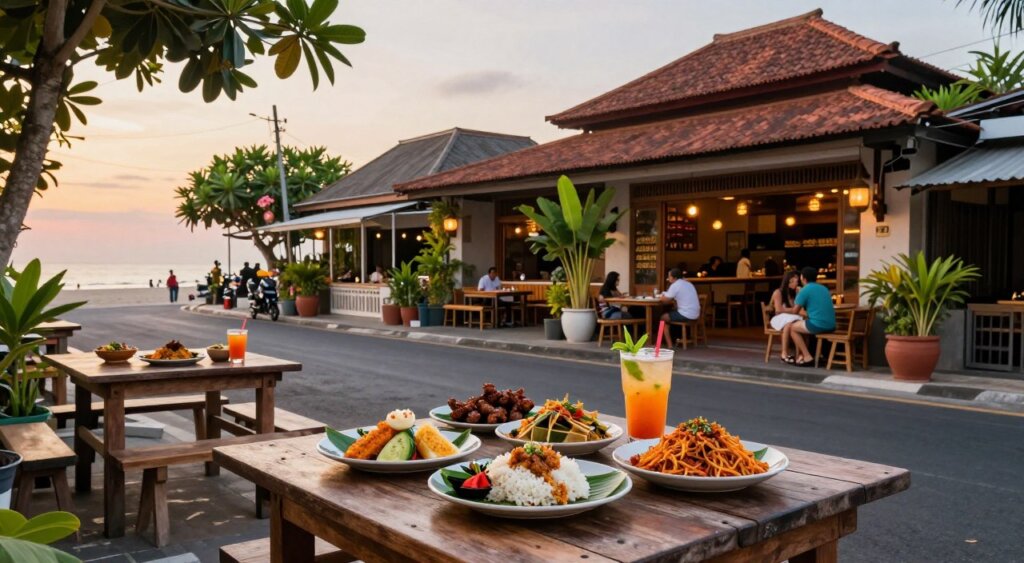 A vibrant street scene showcasing the top places to eat in Sanur, Bali, during golden hour, with warm, soft lighting casting a welcoming glow. The foreground features a rustic wooden table adorned with a colorful array of traditional Indonesian dishes, including Nasi Goreng and Satay, alongside refreshing tropical drinks. In the middle ground, a selection of charming restaurant facades displays tropical decor and lush greenery, inviting diners to experience the local culinary delights. The background reveals the serene beach of Sanur under a pastel sky, hinting at the tranquil atmosphere. The image captures the essence of Sanur’s dining culture, exuding a warm, inviting mood, while maintaining the authenticity of a professional photojournalism style.
