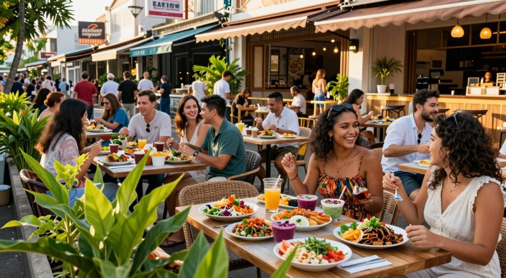A vibrant street view of Seminyak's Eat Street, showcasing an array of colorful vegan and vegetarian food options. In the foreground, a beautifully arranged table with a variety of dishes, including fresh salads, smoothie bowls, and plant-based snacks, surrounded by lush green plants. The middle ground features a bustling scene with diverse people enjoying their meals, dressed in casual but modest attire, laughing and engaged in conversation. The background showcases charming street vendors and chic cafes, lit by warm, golden afternoon sunlight. The angle captures the energy of the street while highlighting the inviting atmosphere of vegan dining in Seminyak. The overall mood is lively, relaxed, and inclusive, reflecting the vibrant culture of healthy eating.
