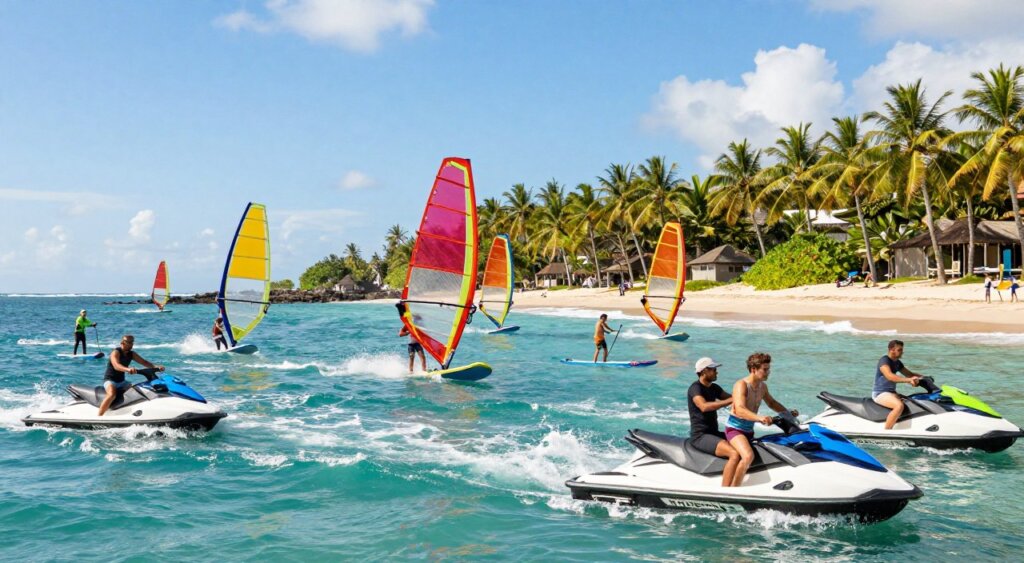 A vibrant, sun-drenched scene showcasing water sports in Nusa Dua, Bali. In the foreground, a group of diverse individuals, dressed in modest casual clothing, are enthusiastically engaged in jet skiing, with water splashing around them. The middle ground features a stunning view of colorful windsurfing sails gliding across the cerulean waters, while a paddleboarder maintains balance, surrounded by shimmering waves. In the background, lush green palm trees fringe the sandy beach under a bright blue sky with a few scattered fluffy clouds. The lighting is warm and inviting, capturing the essence of a perfect day outdoors. The image is composed with a slight angle from above to emphasize the action and beauty of the natural surroundings, resembling National Geographic photography quality, evoking a sense of adventure and excitement. A vibrant, sun-drenched scene showcasing water sports in Nusa Dua, Bali. In the foreground, a group of diverse individuals, dressed in modest casual clothing, are enthusiastically engaged in jet skiing, with water splashing around them. The middle ground features a stunning view of colorful windsurfing sails gliding across the cerulean waters, while a paddleboarder maintains balance, surrounded by shimmering waves. In the background, lush green palm trees fringe the sandy beach under a bright blue sky with a few scattered fluffy clouds. The lighting is warm and inviting, capturing the essence of a perfect day outdoors. The image is composed with a slight angle from above to emphasize the action and beauty of the natural surroundings, resembling National Geographic photography quality, evoking a sense of adventure and excitement.
