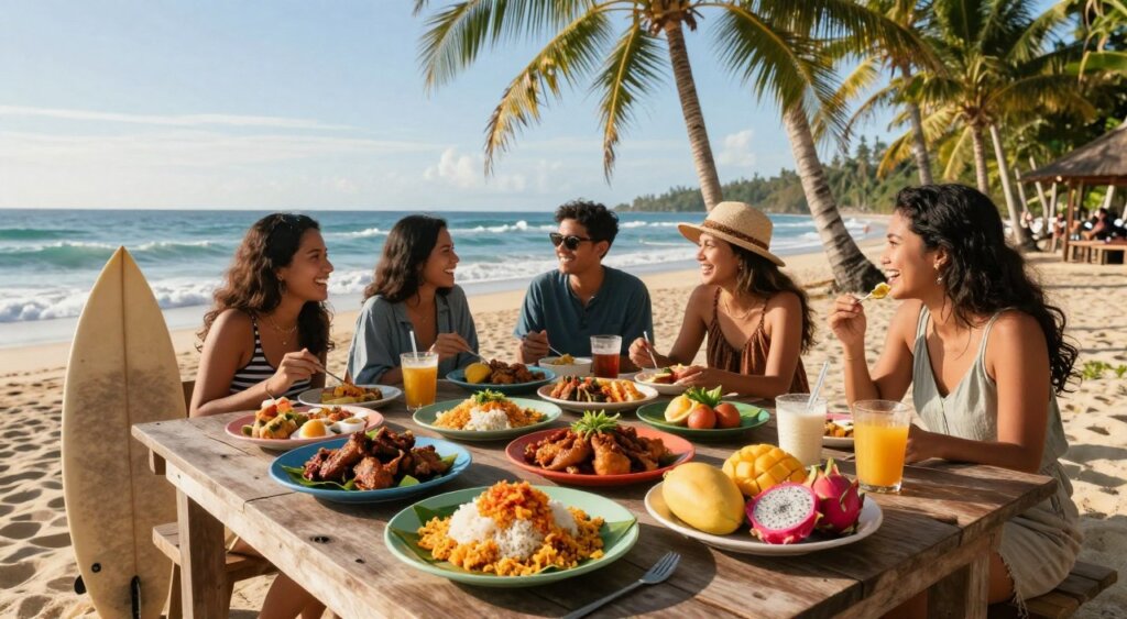 A vibrant, sun-soaked Indonesian beach setting, featuring a beautiful array of traditional culinary delights spread on a rustic wooden table. In the foreground, entice the viewer with colorful plates of Nasi Goreng, Sate Ayam, and fresh tropical fruits like mango and dragon fruit. In the middle, showcase a group of friends, dressed in casual beach attire, laughing and enjoying their meal, with surfboards resting against the table. The background captures the stunning ocean waves and swaying palm trees under a clear blue sky, conveying a relaxed, joyful atmosphere. The lighting is warm and inviting, with golden hour tones enhancing the colors of the food and the natural scenery, all framed in a wide-angle shot to highlight the lively beach vibe. A vibrant, sun-soaked Indonesian beach setting, featuring a beautiful array of traditional culinary delights spread on a rustic wooden table. In the foreground, entice the viewer with colorful plates of Nasi Goreng, Sate Ayam, and fresh tropical fruits like mango and dragon fruit. In the middle, showcase a group of friends, dressed in casual beach attire, laughing and enjoying their meal, with surfboards resting against the table. The background captures the stunning ocean waves and swaying palm trees under a clear blue sky, conveying a relaxed, joyful atmosphere. The lighting is warm and inviting, with golden hour tones enhancing the colors of the food and the natural scenery, all framed in a wide-angle shot to highlight the lively beach vibe.