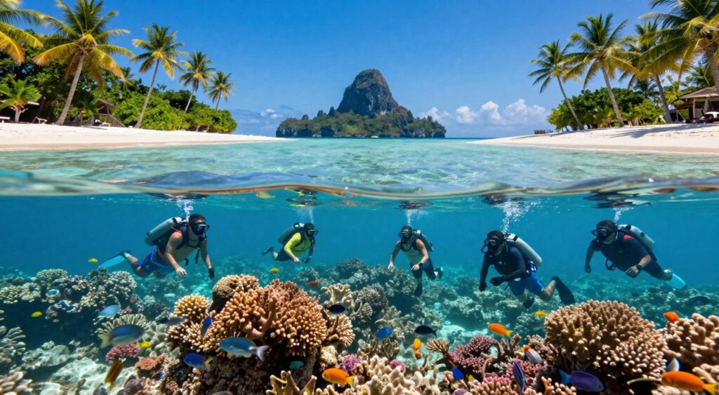 A vibrant, sunlit scene of a snorkeling adventure in the Gili Islands, Lombok. In the foreground, a group of diverse individuals in modest casual clothing explores an underwater paradise, marveling at colorful coral reefs teeming with tropical fish. The middle layer showcases a clear, azure sea with gentle waves glistening under the bright sun, as shadows of palm trees sway along the pristine beach. In the background, the iconic silhouette of the Gili Islands adds depth to the landscape, with lush greenery contrasting the rich blue sky. The image captures a sense of excitement and exploration, with high-resolution detail, natural lighting, and a wide-angle perspective to emphasize the breathtaking allure of Lombok's marine beauty.