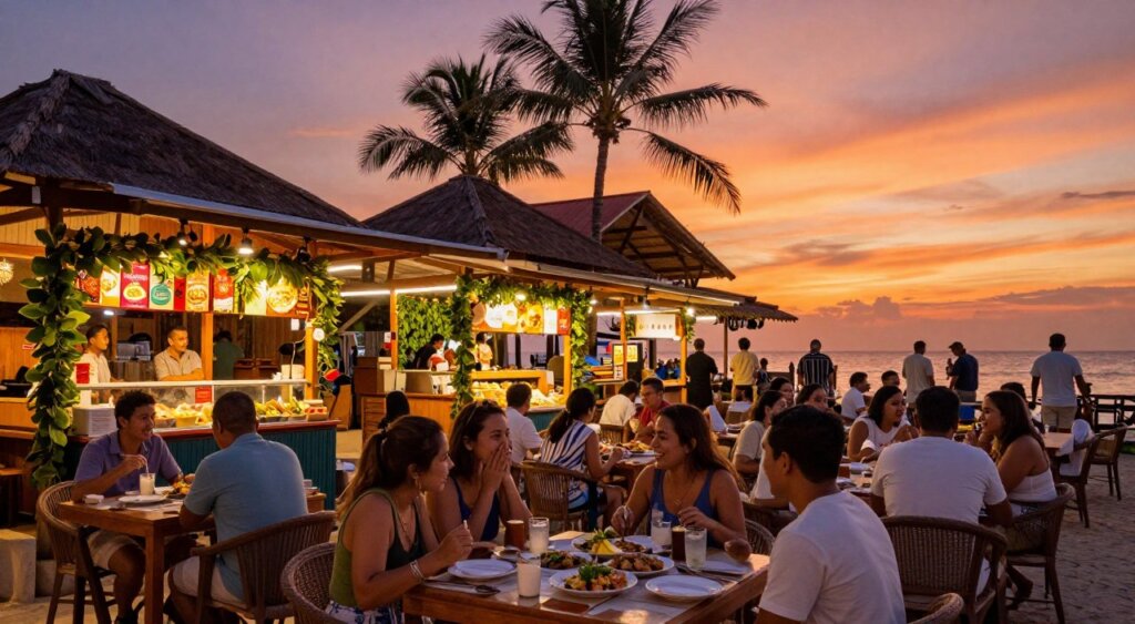 A vibrant sunset scene at Seminyak Eat Street, showcasing a bustling outdoor dining area filled with people enjoying dinner. In the foreground, a beautifully set table with elegant place settings and delicious local dishes, surrounded by diners in modest casual clothing. The middle ground features colorful food stalls, each adorned with glowing lights and greenery, while happy patrons share laughter and conversation. The background reveals the stunning Balinese architecture of nearby restaurants under a vivid orange and purple sky, with palm trees swaying gently in the breeze. The ambiance is warm and inviting, capturing the lively atmosphere of Seminyak during dusk. Use a warm, soft lighting effect to enhance the colors and create a cozy, relaxed mood, emulating a photojournalism style reminiscent of National Geographic quality.