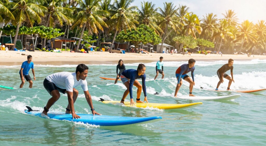 A vibrant surf camp scene on a sunny day in Indonesia, showcasing a group of enthusiastic participants engaged in surf lessons. In the foreground, a skilled instructor demonstrating proper paddling techniques to students on brightly colored surfboards, all dressed in modest, comfortable activewear. In the middle ground, eager students practice balancing on their boards, catching small waves, their faces filled with excitement and determination. The background features stunning palm trees, sandy beaches, and crystal-clear turquoise waters, with gentle waves rolling towards the shore. The lighting is bright and natural, capturing the warmth of the sun, with a slight lens flare for added depth. The overall mood is adventurous and energetic, encapsulating the essence of a thrilling surf camp experience in paradise.