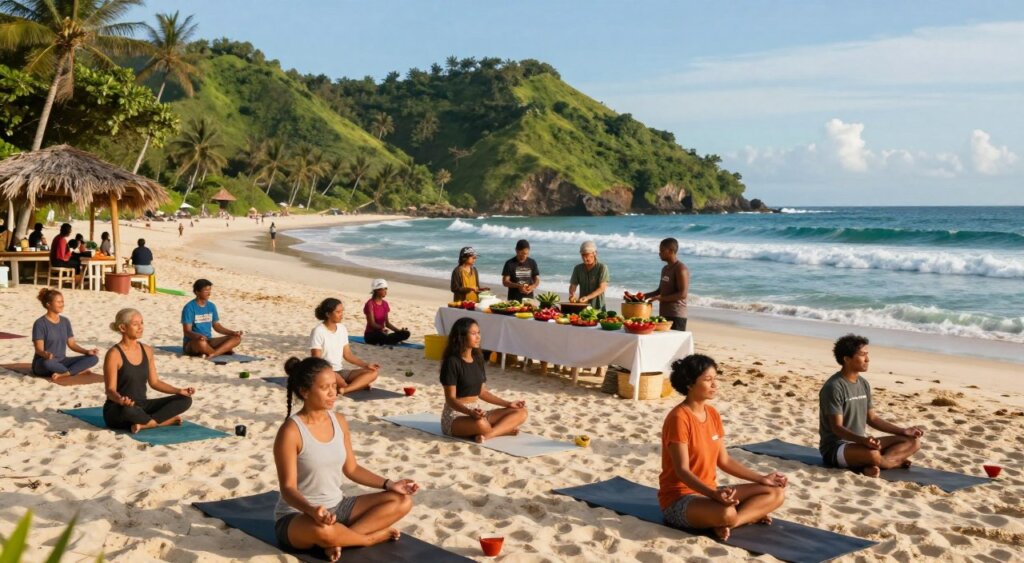 A vibrant surf retreat in Lombok showcasing activities beyond surfing. In the foreground, a group of diverse individuals participates in a yoga class on the sandy beach, their serene expressions reflecting mindfulness. The middle ground features a local cooking class with participants learning to prepare traditional Indonesian dishes, surrounded by colorful spices and fresh vegetables. In the background, lush green hills and the ocean waves create a stunning backdrop under a bright blue sky during golden hour, providing warm, natural lighting. Capture the image from a slightly elevated angle for a dynamic view that emphasizes the lively atmosphere and community spirit of the retreat. The overall mood is inviting, energetic, and peaceful, highlighting the diverse experiences that enrich a surf camp in Lombok.