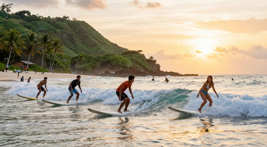 A vibrant surf scene on the beautiful beaches of Lombok, Indonesia, capturing a diverse group of surfers in action. In the foreground, three surfers—two men in casual beach attire and one woman in a modest swim top and boardshorts—are skillfully riding the waves, showcasing excitement and athleticism. The middle ground features the picturesque coastline with lush green hills and palm trees swaying gently in the breeze, adding a tropical feel. In the background, the sun sets, casting a warm golden glow over the ocean, creating reflections on the water's surface. The image is captured with a wide-angle lens, emphasizing the vast beach and surfers, while the soft lighting enhances the serene yet exhilarating atmosphere of a perfect surf day.