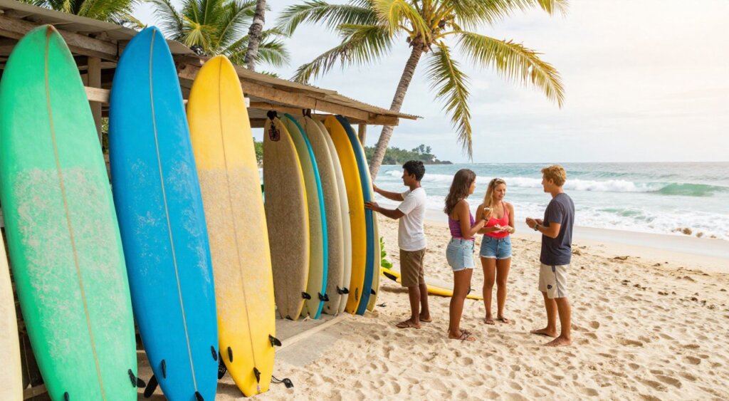 A vibrant surf shop on the tropical beaches of Lombok, showcasing an array of colorful surfboards for rent. In the foreground, various surfboards in bright blues, greens, and yellows are prominently displayed against a backdrop of a sandy beach. The middle ground features a friendly shopkeeper, casually dressed in a t-shirt and shorts, helping a couple of enthusiastic surfers selecting their boards. In the background, gentle waves roll onto the shore, with palm trees swaying in the warm sunlight. The atmosphere is lively and inviting, capturing the essence of surf culture. The image should have soft, natural lighting to enhance the tropical feel and a slight tilt-angle to add depth, evoking excitement and adventure. The overall mood is cheerful and playful, perfect for surf enthusiasts.