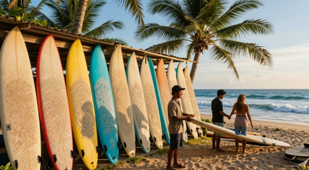 A vibrant surfboard rental shop in Indonesia, featuring a variety of colorful surfboards lined up against a backdrop of lush tropical palm trees and a clear blue ocean. In the foreground, a friendly local rental agent, dressed in a casual but professional outfit, assists a couple of surfers preparing for their adventure. The middle ground showcases the surfboards with intricate designs and bright colors, displaying a variety of sizes for different skill levels. In the background, the sun is setting, casting a warm golden glow over the scene, with gentle waves lapping at the shoreline. The atmosphere is inviting and adventurous, capturing the essence of a perfect day for surfing in Indonesia, with natural lighting highlighting the textures of the boards and the dynamic environment. A vibrant surfboard rental shop in Indonesia, featuring a variety of colorful surfboards lined up against a backdrop of lush tropical palm trees and a clear blue ocean. In the foreground, a friendly local rental agent, dressed in a casual but professional outfit, assists a couple of surfers preparing for their adventure. The middle ground showcases the surfboards with intricate designs and bright colors, displaying a variety of sizes for different skill levels. In the background, the sun is setting, casting a warm golden glow over the scene, with gentle waves lapping at the shoreline. The atmosphere is inviting and adventurous, capturing the essence of a perfect day for surfing in Indonesia, with natural lighting highlighting the textures of the boards and the dynamic environment.