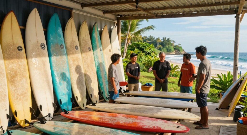 A vibrant surfboard rental shop in Lombok with surf guides assisting customers. In the foreground, colorful surfboards of various sizes and designs are neatly arranged for display, reflecting the bright, tropical aesthetic of the location. In the middle, friendly guides, wearing casual yet professional attire, engage with visitors, showcasing their expertise and enthusiasm for surfing. The background features lush greenery and the idyllic coastline of Lombok, with gentle waves crashing in the distance under a clear blue sky. The scene is well-lit by warm, natural sunlight, creating an inviting atmosphere. Captured from a slightly elevated angle to provide a comprehensive view of the shop and surrounding environment, evoking a sense of adventure and excitement for surfing.