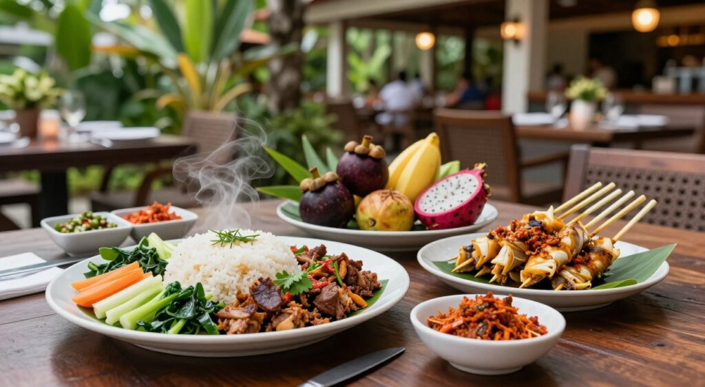 A vibrant table set in an elegant outdoor dining space in Seminyak, showcasing a colorful array of traditional local dishes. In the foreground, a beautifully presented plate of Nasi Campur with steaming rice, assorted vegetables, and flavorful meats, garnished with herbs. Beside it, a bowl of Sate Lilit, skewered minced fish wrapped around lemongrass sticks, and a small dish of spicy sambal. In the middle ground, an assortment of tropical fruits like mangosteen and rambutan, enhancing the local culinary theme. The background features lush greenery typical of Bali, with soft lighting creating a warm, inviting atmosphere, reminiscent of an upscale restaurant. The scene captures a sense of community and culinary adventure, framed with natural elements, shot with a wide-angle lens to emphasize the richness of flavors and culture.