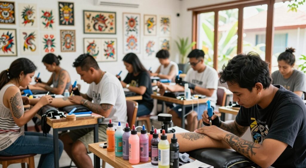 A vibrant tattoo workshop in Canggu, Bali, showcasing talented artists at work in a bright, inviting studio. In the foreground, a diverse group of artists, including individuals of varying ethnicities, are carefully inking tattoos on clients wearing casual, comfortable clothing. In the middle ground, tattoo flash designs decorate the walls, with tools and colorful inks neatly arranged on a wooden table. The background reveals large windows allowing natural light to flood in, creating an inspiring atmosphere. The scene is captured with a shallow depth of field, emphasizing the artists and clients while softly blurring the background. The mood is creative and lively, reflecting the artistic community in Canggu.