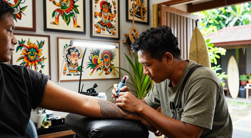A vibrant traditional tattoo studio scene in Canggu, showcasing a skilled tattoo artist, dressed in casual but modest clothing, in the foreground. The artist is focusing intently on a client's arm, embellished with intricate, culturally inspired tattoo designs that reflect Balinese heritage. In the middle ground, a variety of tattoo flash art covers the walls, featuring bold lines and rich colors. Elements of local decor, such as bamboo accents and plant life, create an inviting atmosphere. The background reveals a relaxed, sunlit outdoor setting with lush greenery and surfboards, suggesting the coastal vibe of Canggu. Soft, natural lighting illuminates the scene, enhancing the warm, creative energy felt in the space. The image should convey a sense of community and artistry typical of Canggu's tattoo culture.