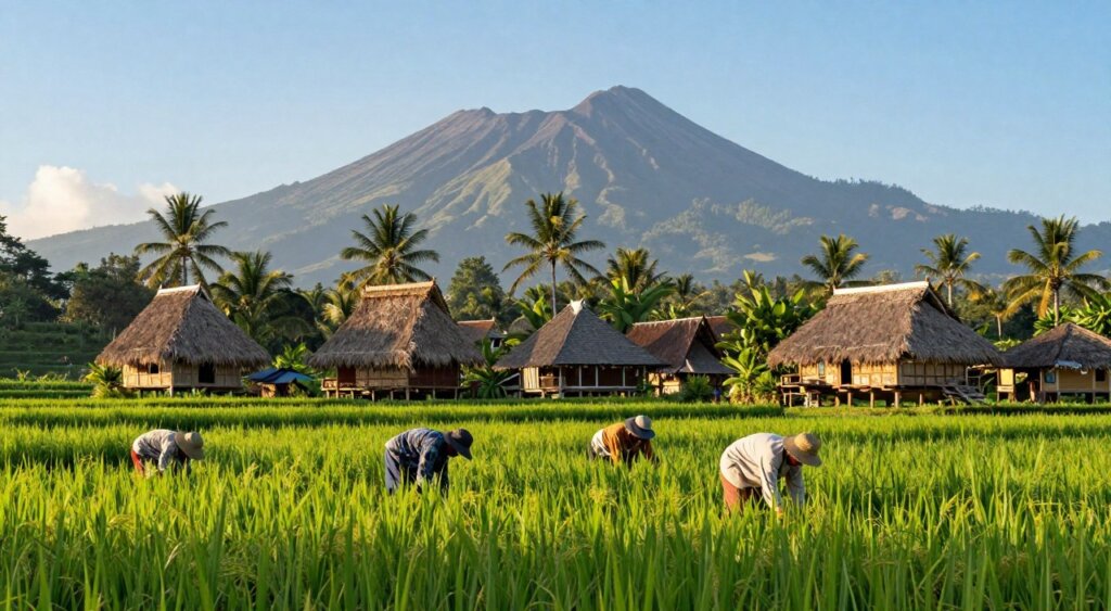 A vibrant travel scene capturing the essence of Lombok, with lush green rice paddies in the foreground, displaying farmers in modest casual clothing tending to their crops. In the middle, showcase a small traditional Sasak village, featuring handcrafted thatched-roof houses surrounded by palm trees. In the background, majestic Mount Rinjani rises under a clear blue sky, adding depth and context to the landscape. Soft afternoon sunlight bathes the scene, casting warm, inviting tones. Use a wide-angle lens to capture the sweeping beauty of the surroundings, creating an immersive and serene atmosphere that invites exploration. This image should evoke a sense of cultural richness and natural splendor, perfect for illustrating the journey through Lombok before heading to Komodo Island. A vibrant travel scene capturing the essence of Lombok, with lush green rice paddies in the foreground, displaying farmers in modest casual clothing tending to their crops. In the middle, showcase a small traditional Sasak village, featuring handcrafted thatched-roof houses surrounded by palm trees. In the background, majestic Mount Rinjani rises under a clear blue sky, adding depth and context to the landscape. Soft afternoon sunlight bathes the scene, casting warm, inviting tones. Use a wide-angle lens to capture the sweeping beauty of the surroundings, creating an immersive and serene atmosphere that invites exploration. This image should evoke a sense of cultural richness and natural splendor, perfect for illustrating the journey through Lombok before heading to Komodo Island.