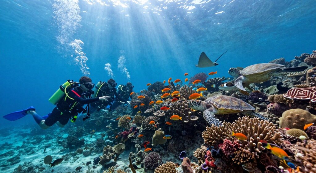 A vibrant underwater scene at Friwen Wall, Raja Ampat, showcasing a diverse marine ecosystem. In the foreground, a group of divers in professional, colorful scuba gear are exploring the coral reefs, pointing at a school of vibrant fish. The middle layer features a stunning array of corals in various shapes and colors, surrounded by abundant aquatic life including sea turtles and rays. In the background, the sun's rays penetrate the water, creating a beautiful dappled light effect, illuminating the scene with a serene blue hue. The atmosphere is tranquil and inviting, capturing the thrill of diving in this pristine location. The image should evoke a sense of adventure and wonder while adhering to professional photojournalism standards.