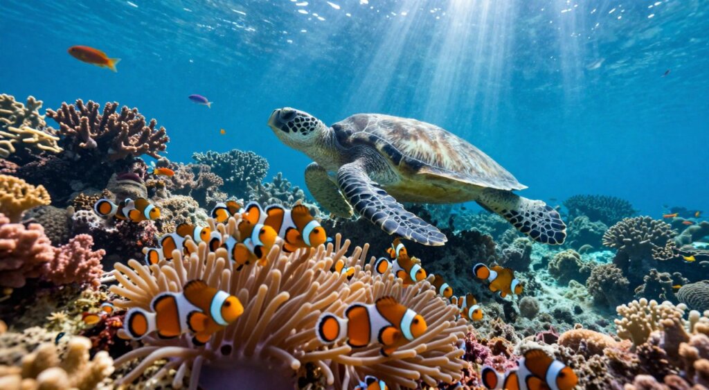 A vibrant underwater scene at Friwen Wall in Raja Ampat, showcasing a diverse array of marine life. In the foreground, a school of colorful clownfish playfully weaves through vibrant anemones, while in the midground, a graceful sea turtle glides by, surrounded by a mosaic of corals in rich hues. The background features sunlit rays filtering through the clear blue water, illuminating schools of small fish darting about. The image should capture a serene yet lively atmosphere, emphasizing the beauty and diversity of marine wildlife, shot from a low angle to highlight the coral formations and create depth. Aim for a natural lighting style, reminiscent of professional photojournalism, evoking a sense of wonder and exploration.