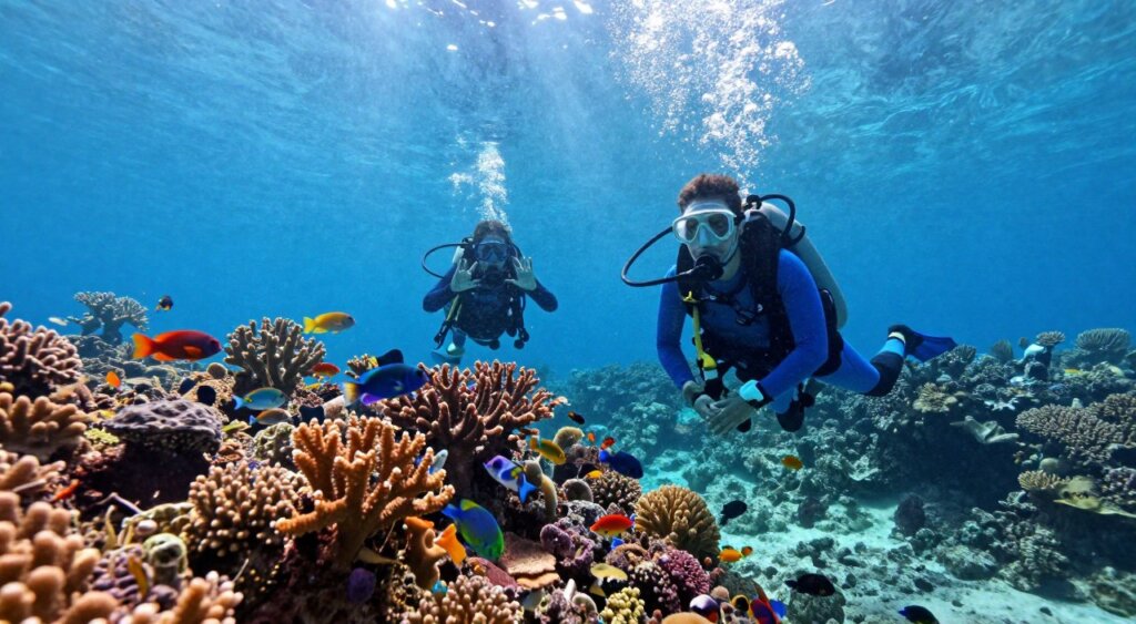 A vibrant underwater scene at the Gili Islands, showcasing the mesmerizing coral reefs teeming with marine life. In the foreground, a skilled diver, wearing a bright blue wetsuit and a dive mask, explores the vivid coral formations. Schools of colorful fish dart around, adding dynamic movement to the scene. In the middle ground, additional divers can be seen, communicating with hand signals, all expertly equipped for diving. The background is illuminated by sunbeams filtering through the water, creating a serene, captivating ambiance that emphasizes the crystal-clear conditions typical of Gili Trawangan. The image is shot from a slightly elevated angle, enhancing the feeling of depth and richness in color, with bright blues and vivid corals dominating the palette, evoking a sense of adventure and discovery in a pristine underwater ecosystem. A vibrant underwater scene at the Gili Islands, showcasing the mesmerizing coral reefs teeming with marine life. In the foreground, a skilled diver, wearing a bright blue wetsuit and a dive mask, explores the vivid coral formations. Schools of colorful fish dart around, adding dynamic movement to the scene. In the middle ground, additional divers can be seen, communicating with hand signals, all expertly equipped for diving. The background is illuminated by sunbeams filtering through the water, creating a serene, captivating ambiance that emphasizes the crystal-clear conditions typical of Gili Trawangan. The image is shot from a slightly elevated angle, enhancing the feeling of depth and richness in color, with bright blues and vivid corals dominating the palette, evoking a sense of adventure and discovery in a pristine underwater ecosystem.