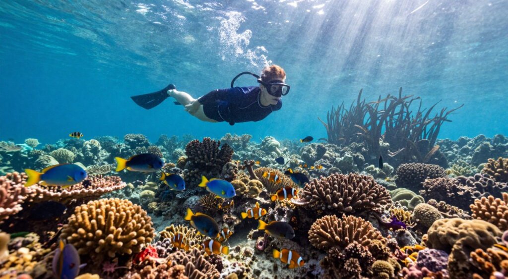A vibrant underwater scene capturing a snorkeler exploring the coral reefs of Amed, Bali. In the foreground, the snorkeler, dressed in a modest short-sleeve rash guard and swim leggings, gracefully swims above a colorful array of coral formations and tropical fish. The middle layer showcases schools of bright parrotfish and clownfish darting among the corals, illuminated by beams of sunlight penetrating the crystal-clear water. The background features the serene silhouette of underwater plants swaying gently, enhancing the tranquil atmosphere. The image is taken with a wide-angle lens to emphasize the richness of marine life, in natural lighting that creates an enchanting and immersive mood, perfect for photography tips. The composition emphasizes clarity and color vibrancy, evoking a sense of adventure and wonder.