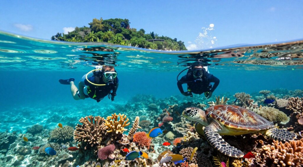A vibrant underwater scene capturing snorkelling and diving adventures in the Gili Islands. In the foreground, a diver in a sleek wetsuit explores colorful coral reefs teeming with diverse marine life, including tropical fish and sea turtles. In the middle ground, snorkelers drift gracefully just below the surface, their masks reflecting the sunlight that pierces through the clear, turquoise water. The background features the stunning silhouettes of Gili Island's lush greenery and distant sandy beaches under a bright blue sky. The image is brightly lit, emphasizing the crystal-clear water and vibrant colors of the underwater ecosystem. The atmosphere is serene and adventurous, evoking a sense of exploration and wonder in one of Indonesia's most beautiful dive destinations. A vibrant underwater scene capturing snorkelling and diving adventures in the Gili Islands. In the foreground, a diver in a sleek wetsuit explores colorful coral reefs teeming with diverse marine life, including tropical fish and sea turtles. In the middle ground, snorkelers drift gracefully just below the surface, their masks reflecting the sunlight that pierces through the clear, turquoise water. The background features the stunning silhouettes of Gili Island's lush greenery and distant sandy beaches under a bright blue sky. The image is brightly lit, emphasizing the crystal-clear water and vibrant colors of the underwater ecosystem. The atmosphere is serene and adventurous, evoking a sense of exploration and wonder in one of Indonesia's most beautiful dive destinations.