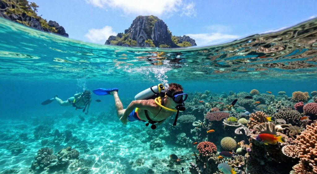 A vibrant underwater scene capturing snorkelling and diving in Raja Ampat, Indonesia. In the foreground, a diver in modest, brightly colored snorkeling gear swims through crystal-clear turquoise water, surrounded by a diverse array of tropical fish and stunning coral reefs. In the middle ground, another snorkeler explores the vibrant marine environment, with colorful coral formations visible below. The background features dramatic limestone islands peeking through the surface, under a bright, sunny sky. Light beams filter through the water, creating a sparkling effect and enhancing the vivid colors of the scene. The atmosphere conveys a sense of adventure and tranquility, inviting viewers to immerse themselves in the natural beauty of Raja Ampat's underwater world. The image is composed as a professional photojournalism shot, ensuring high clarity and realism.