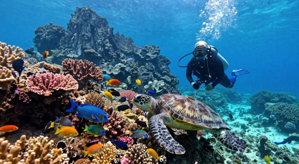 A vibrant underwater scene capturing the diverse marine life of the Raja Ampat Archipelago, showcasing a diver in professional diving gear exploring a coral reef teeming with colorful fish and intricate coral formations. In the foreground, the diver interacts gently with a curious sea turtle, surrounded by schools of shimmering fish. The middle ground features a variety of corals in shades of pink, blue, and yellow, illuminated by dappled sunlight filtering through the clear water. In the background, the jagged limestone islands of Raja Ampat rise majestically above the water surface, framed against a bright blue sky. The mood is serene and exploratory, reminiscent of nature documentaries, with crystal-clear visibility enhancing the vivid colors and intricate details of this underwater paradise. The photo should evoke a sense of wonder and excitement, embodying the spirit of adventure in marine exploration.