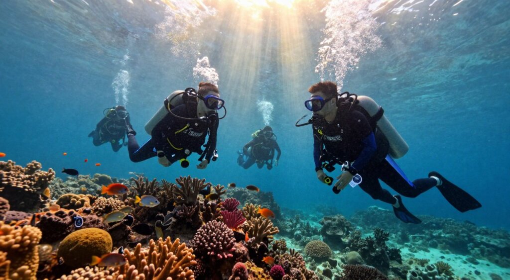 A vibrant underwater scene depicting a group of certified scuba divers immersed in a coral reef environment around the Gili Islands. In the foreground, two divers, dressed in professional diving gear including wetsuits and oxygen tanks, are interacting with marine life, showcasing their dive certification badges visibly attached to their gear. The middle ground features colorful coral formations and schools of tropical fish, enhancing the dynamic atmosphere of the deep blue sea. The background reveals faint silhouettes of other divers exploring the underwater landscape. Golden rays of sunlight filter through the water, creating a serene, inviting ambiance. The image is captured in high resolution with a wide-angle lens, evoking a sense of adventure and professionalism in scuba diving training programs.