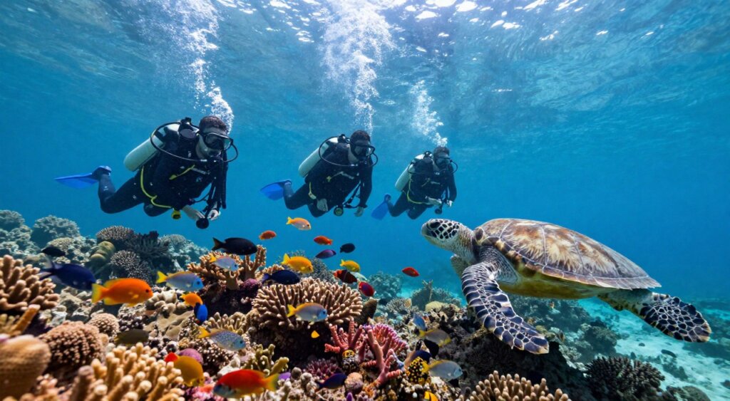 A vibrant underwater scene depicting a group of scuba divers exploring the rich marine life around Lombok. In the foreground, friendly divers in modest, professional diving gear are inspecting a colorful coral reef teeming with diverse fish species. In the middle ground, schools of tropical fish swim gracefully among the corals, while a majestic sea turtle glides by, enhancing the enchanting underwater atmosphere. The background captures the gentle sunlight filtering through the water's surface, creating dynamic light patterns and adding a serene, inviting mood to the scene. The image should have a sharp focus to showcase the intricate details of the coral and marine life, shot with a wide-angle lens to capture the expansive beauty of Lombok’s underwater ecosystem. A vibrant underwater scene depicting a group of scuba divers exploring the rich marine life around Lombok. In the foreground, friendly divers in modest, professional diving gear are inspecting a colorful coral reef teeming with diverse fish species. In the middle ground, schools of tropical fish swim gracefully among the corals, while a majestic sea turtle glides by, enhancing the enchanting underwater atmosphere. The background captures the gentle sunlight filtering through the water's surface, creating dynamic light patterns and adding a serene, inviting mood to the scene. The image should have a sharp focus to showcase the intricate details of the coral and marine life, shot with a wide-angle lens to capture the expansive beauty of Lombok’s underwater ecosystem.
