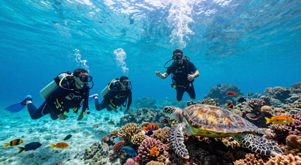 A vibrant underwater scene depicting a guided diving tour in Gili Trawangan. In the foreground, a diverse group of divers in professional wetsuits explore a colorful coral reef teeming with tropical fish. Their expressions convey excitement and wonder. In the middle ground, a professional dive instructor gestures to a stunning array of marine life, including sea turtles and schools of fish shimmering in the sunlight. The background features the crystal-clear turquoise waters and distant silhouettes of rocky formations, under a bright blue sky reflecting soft sunlight filtering through the water. The composition utilizes a slightly elevated angle to capture the vibrant ecosystem below, evoking a sense of adventure and tranquility in this underwater paradise. A vibrant underwater scene depicting a guided diving tour in Gili Trawangan. In the foreground, a diverse group of divers in professional wetsuits explore a colorful coral reef teeming with tropical fish. Their expressions convey excitement and wonder. In the middle ground, a professional dive instructor gestures to a stunning array of marine life, including sea turtles and schools of fish shimmering in the sunlight. The background features the crystal-clear turquoise waters and distant silhouettes of rocky formations, under a bright blue sky reflecting soft sunlight filtering through the water. The composition utilizes a slightly elevated angle to capture the vibrant ecosystem below, evoking a sense of adventure and tranquility in this underwater paradise.