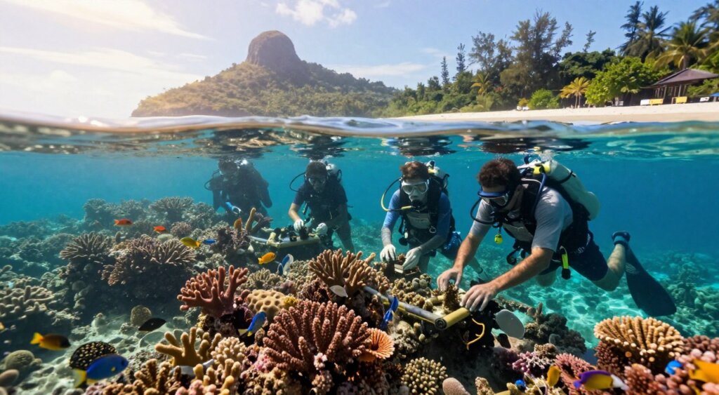 A vibrant underwater scene depicting coral restoration efforts in the Gili Islands. In the foreground, a group of marine biologists, dressed in modest casual attire, carefully affixes coral fragments to submerged structures, emphasizing their dedication to sustainability. The middle layer features healthy, colorful corals flourishing amidst turquoise waters, teeming with diverse marine life, including schools of tropical fish. In the background, the soft silhouettes of the Gili Islands rise against a clear sky, with lush greenery and pristine sandy shores. The sunlight filters down through the water, casting a warm, inviting glow that highlights the beauty and importance of marine conservation. The atmosphere is serene and hopeful, showcasing humanity’s commitment to preserving underwater ecosystems in a harmonious way.