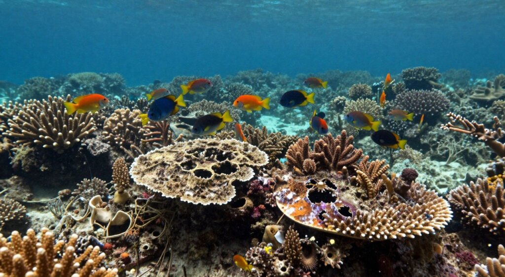 A vibrant underwater scene depicting the effects of climate change on coral reefs in Raja Ampat. In the foreground, bleached coral structures are surrounded by sallow marine life, illustrating the stark contrast between healthy and affected corals. In the middle ground, a school of colorful fish swims amidst the dying coral, their bright colors highlighted by soft, natural sunlight filtering down from the surface. The background showcases the vast expanse of the reef, with hints of darker, more ominous water to signify increasing temperatures. Utilize a wide-angle perspective to capture the richness of the ecosystem, with a shallow depth of field to emphasize the coral health disparity. The mood is somber yet hopeful, reflecting the urgent need for conservation.